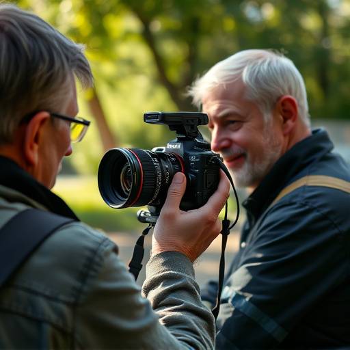 En fotojournalist som tar bilder med et profesjonelt kamera i et utendørs miljø, fokus på komposisjon og øyeblikk.