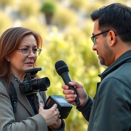 En journalist som intervjuer en person med en mikrofon, fokus på spørsmål og svar.